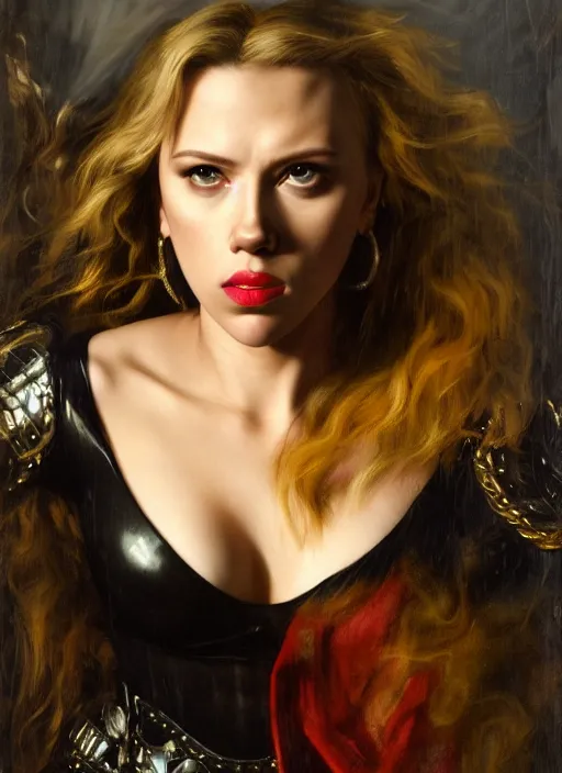 Image similar to , , Scarlett Johansson dressed as black Canary,, Dramatic, Edge, Good, Infused, Backlight, De-Noise, VFX, insanely detailed and intricate, hypermaximalist, facial ,elegant, ornate, hyper realistic, super detailed, by Anthony Van Dyck, by Ivan Shishkin, by John Constable