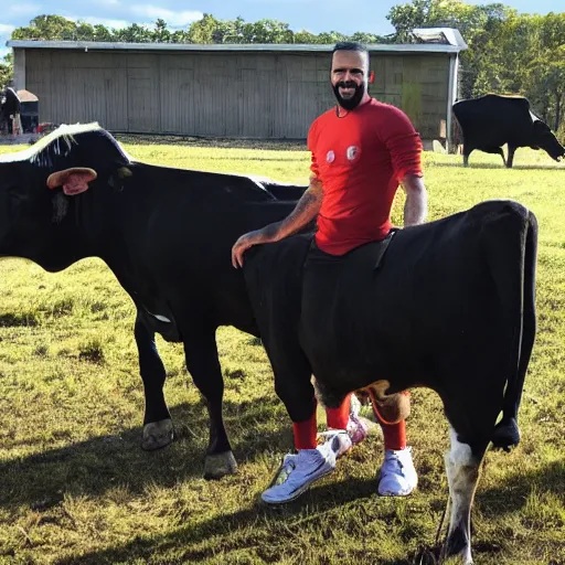 Prompt: drake smiling, with a cow