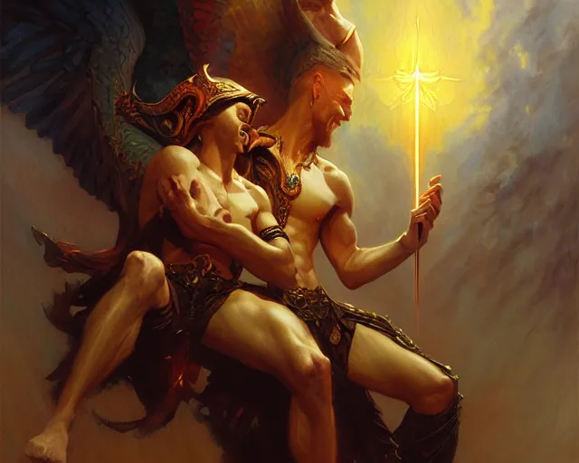 Image similar to attractive male deity, casting demonic magic, summoning handsome lucifer morning star. highly detailed painting by gaston bussiere, craig mullins, j. c. leyendecker 8 k