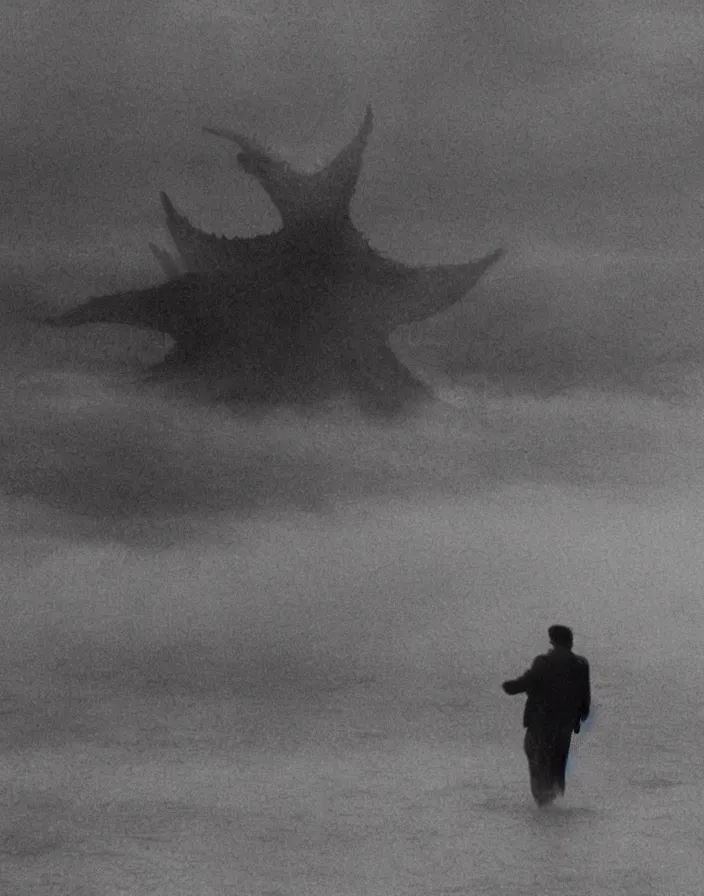 Prompt: very low - resolution found footage of a couple escaping pyongyang from a starfish kaiju monster, fog, foggy, korean film noir, monochrome, red hue, thriller, underdeveloped, epic, dramatic