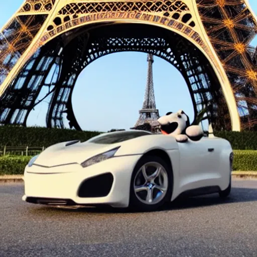 Image similar to cow driving a sports car around the eiffel tower with champagne in its hand