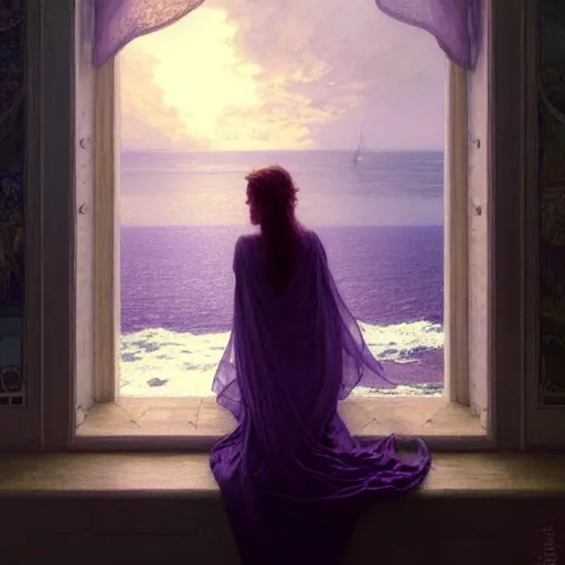 Image similar to A woman looking out to sea from her bedroom, dreamlike scene, high angle shot, dark mood, purple hues, soft lighting, fantasy, intricate, elegant, highly detailed, digital painting, artstation, concept art, smooth, sharp focus, illustration, art by Krenz Cushart and Artem Demura and alphonse mucha