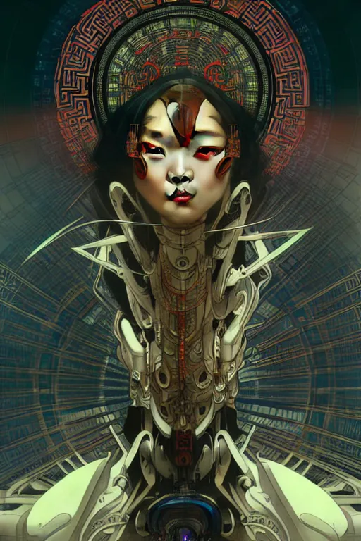 Image similar to akira from chinese mythology, hi - tech luciferian synthetic, gorgeous and huge head ornaments, dystopian, cyberpunk, mecha, cinematic dramatic light, ominous, intricate, studio, art by alphonse mucha, concept art, 4 k, sharp focus