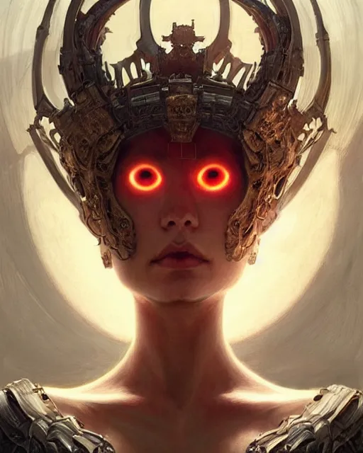 Image similar to concept art by artgerm, super attractive i robot demon queen with crown and red eyes, soft natural light, intricate, elegant, highly detailed, digital painting, artstation, concept art, smooth, sharp focus, illustration, art by by gaston bussiere and greg rutkowski and alphonse mucha and uang guangjian and gil elvgren, symmetry!!