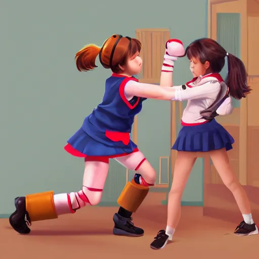 Prompt: a realistic action shot of a cute school girl punching a humanoid robot in the face, digital painting, trending on artstation, art, 8 k