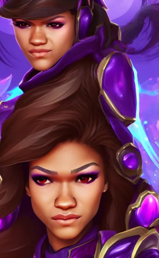 Image similar to Zendaya as a character in the game League of Legends, with a background based on the game League of Legends, detailed face, old 3d graphics