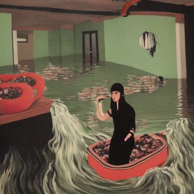 Image similar to tall female emo vegan socialist artist in their flooded apartment, painting of flood waters inside an artist's home, a river flooding indoors, pomegranates, pigs, ikebana, zen, water, octopus, river, rapids, waterfall, black swans, canoe, berries, acrylic on canvas, surrealist, by magritte and monet