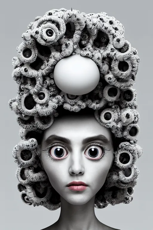 Image similar to 3 d full head and shoulders beautiful white porcelain woman with white big eyeballs all through her hair, ornate detailed hair, 3 d swirling hair by theodor seuss geisel and daniel arsham and xiang duan, simon stalenhag, kim jung gi, on a white background