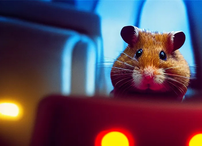 Prompt: hamsters in a cinema, movie still, cinematic, sharp focus, color grading from blade runner 2 0 4 9, cinematic grain, cinematic lighting, 8 k