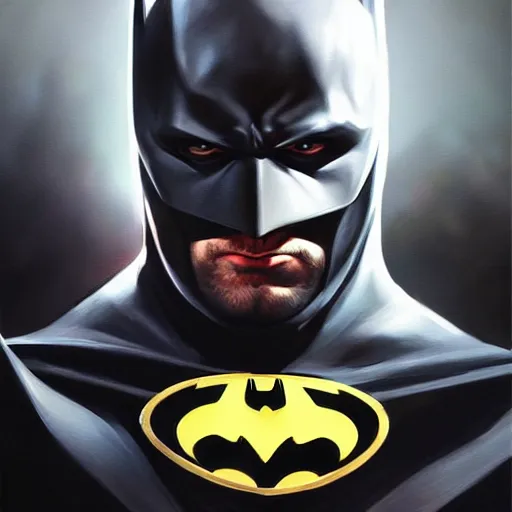 Image similar to batman, oil painting, artgerm, portrait, highly detailed, artstation