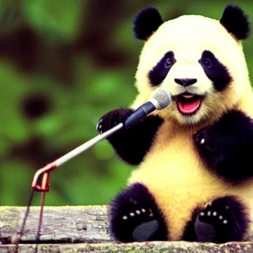 Prompt: a panda singing into a microphone, dramatic, beautiful, kodachrome film