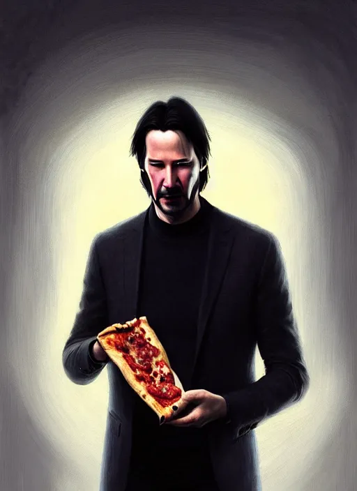 Prompt: portrait of keanu reeves eating pizza, intricate, elegant, glowing lights, highly detailed, digital painting, artstation, concept art, smooth, sharp focus, illustration, art by wlop, mars ravelo and greg rutkowski