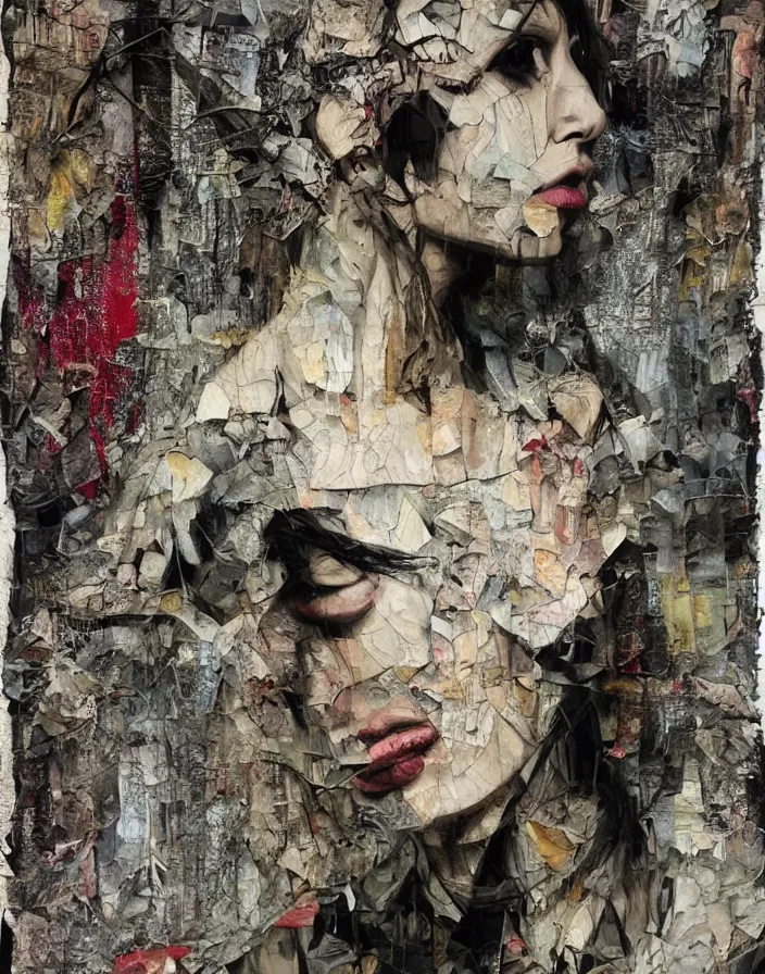 Prompt: weeping languid extasy detailed mixed media collage with canvas texture in style of contemporary art, punk art, realistic beautiful face, photorealism, expressionism, masterpiece, perfect composition, spectacular quality, intricate oil details, broken glass photo, torn paper intricate texture