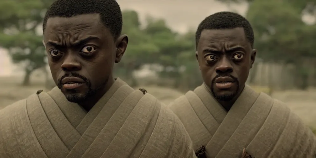 Image similar to a film still of daniel kaluuya starring as an ancient samurai in a japanese blockbuster film, shallow depth of field, cinematic, award winning cgi, vfx, film still