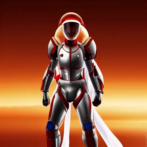 Image similar to portrait of a beautiful female soldier, no makeup, in glossy sleek white armor inspired by samus aran, long red cape, heroic posture, determined expression, no helmet, on the surface of mars, dramatic lighting, cinematic, sci-fi, hyperrealistic, detailed