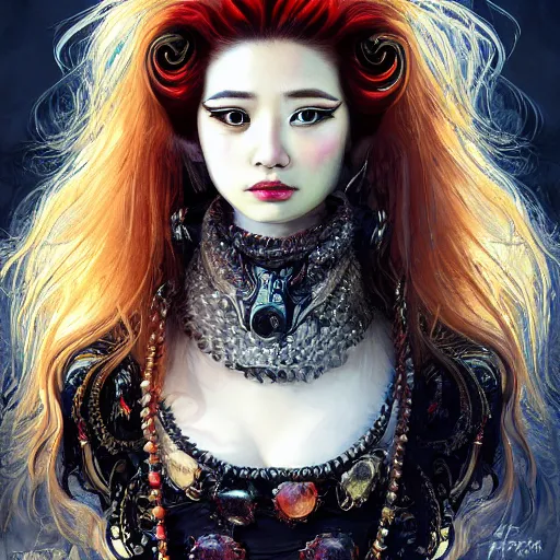 Prompt: portrait, headshot, insanely nice professional hair style, dramatic hair color, digital painting, of a old 17th century, old cyborg merchant, amber jewels, baroque, Chinese Three Kingdoms, ornate clothing, scifi, realistic, hyperdetailed, chiaroscuro, concept art, art by Franz Hals and Jon Foster and Ayami Kojima and Amano and Karol Bak,