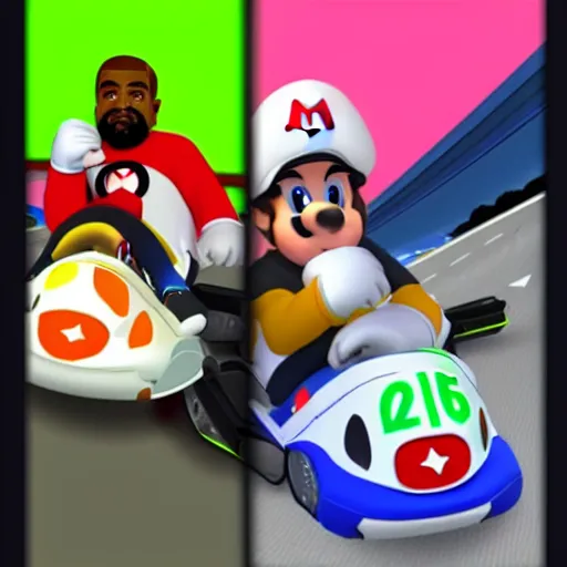 Prompt: Kanye West in Mario Kart