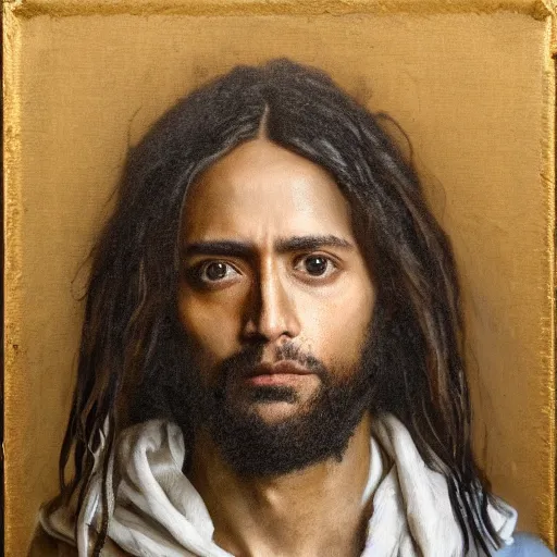 Image similar to a portrait of jesus wearing virgil abloh and jerry lorenzo streetwear by nicola samori, oil painting, realistic, 8 k, fear of god style