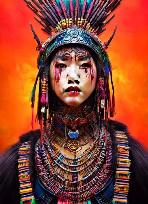 Image similar to portrait of liu yifei, hyper detailed ultra sharp aztec shaman warrior. trending on artstation, warpaint aesthetic, bloodwave, colorful, psychedelic, ornate, intricate, digital painting, concept art, smooth, sharp focus, illustration, art by artgerm and greg rutkowski and h. r. giger, 8 k