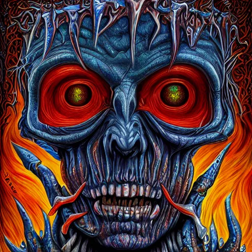 Prompt: horrifying monster in hell, maximalist, high detail, 8k, ornate, dark fantasy, realistic, masterpiece, Trending on art station, complex, Alex Grey