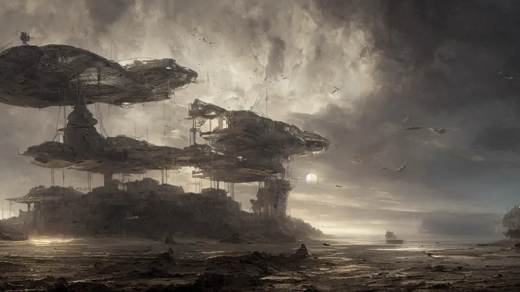 Image similar to landing in the abandoned space port, andreas achenbach, artgerm, mikko lagerstedt, zack snyder, tokujin yoshioka