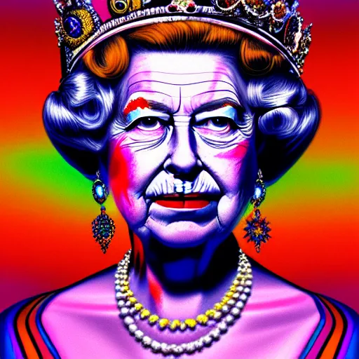 Prompt: An extremely psychedelic portrait of Queen Elizabeth, surreal, LSD, face, detailed, intricate, elegant, lithe, highly detailed, digital painting, artstation, concept art, smooth, sharp focus, illustration