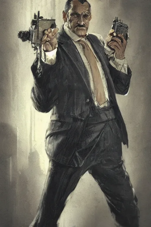 Prompt: an older man in a suit as a Mafia: Definitive Edition character, upper body, highly detailed, intricate, sharp details, dystopian mood, 1950 character portrait by gaston bussiere, craig mullins, drawn by Giacomo Burattini, inspired by graphic novel cover art