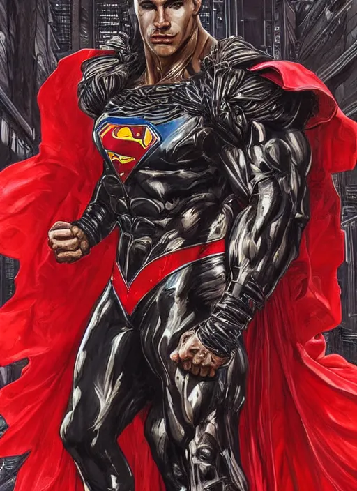 Image similar to portrait of crossfit bodybuilder fitness sprinter superman!, futuristic detailed ornate cyberpunk costume!, red and black costume!!!, pale skin!, no logo!!!, painted art by tsuyoshi nagano, greg rutkowski, artgerm, alphonse mucha, spike painting