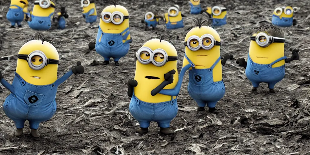 Prompt: minions in vietnam warzone, punished, war, hyperrealistic, sharp focus, award winning photo