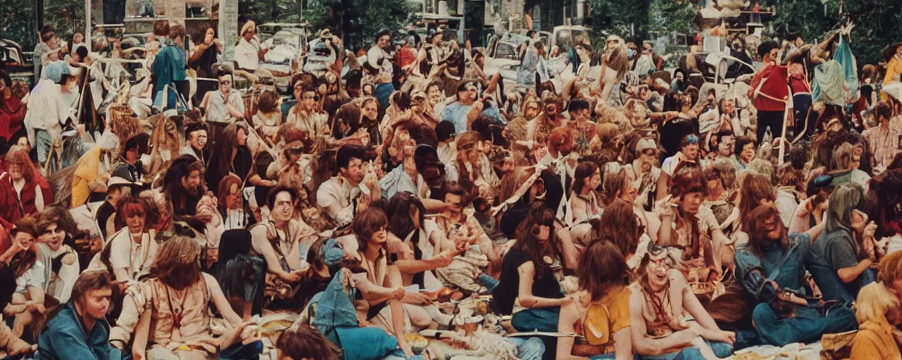 Image similar to hippies protesting spaghetti, 1 9 6 0's, high detail, canon 5 0 mm, wes anderson film, kodachrome