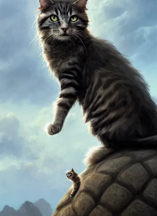 Prompt: Portrait of scruffy haired cat on a tall mountain sitting on a turtle, realistic, detailed, 4k by Greg Rutkowski Mark Arian trending on artstation