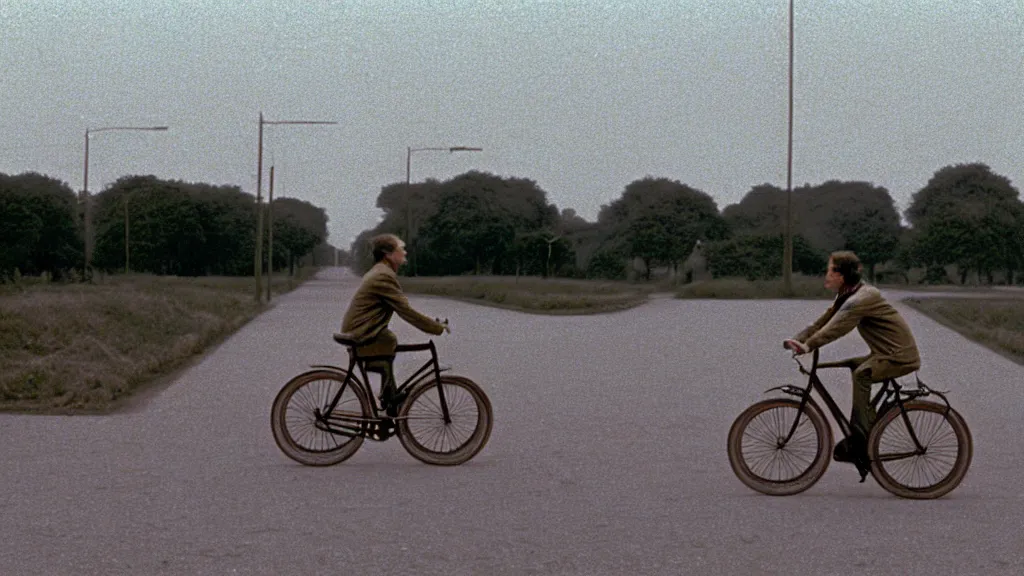 Image similar to a man riding a bicycle, film still from the movie directed by wes anderson with art direction by zdzisław beksinski, wide lens