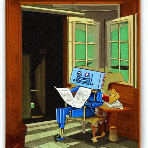 Prompt: robot reading the newspaper in his armchair in the background books near a window by Pablo piccaso