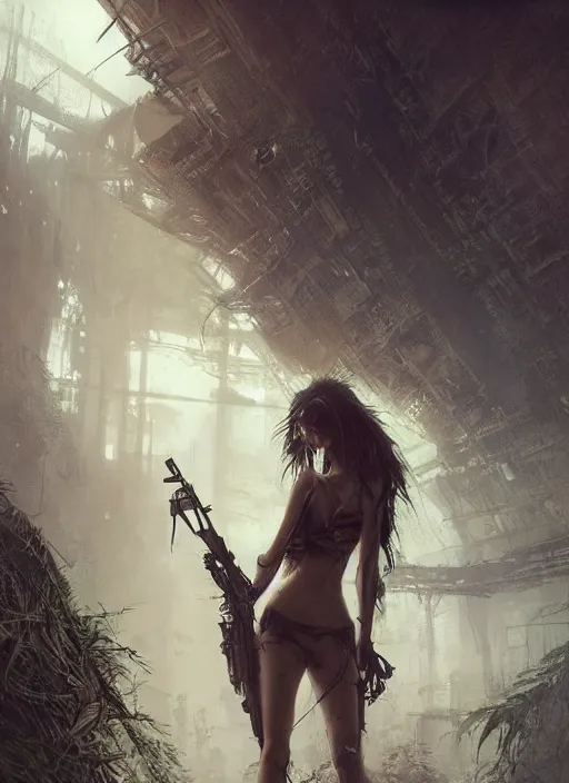 Prompt: young very beautiful cute tribal woman with a futuristic gun, in a post apocalyptic city overgrown with lush vegetation, by Luis Royo, by Greg Rutkowski, dark, gritty, intricate, volumetric lighting, volumetric atmosphere, concept art, cover illustration, octane render, trending on artstation, 8k