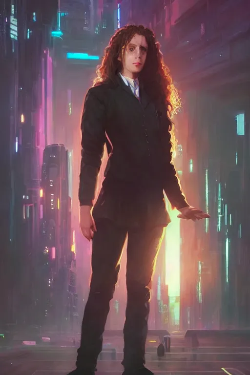 Image similar to portrait of Hermione Granger in cyberpunk, neon lighting, night city, digital art from artstation by Ruan Jia and Mandy Jurgens and Artgerm and william-adolphe bouguereau and Greg Rutkowski and Wayne Barlowe