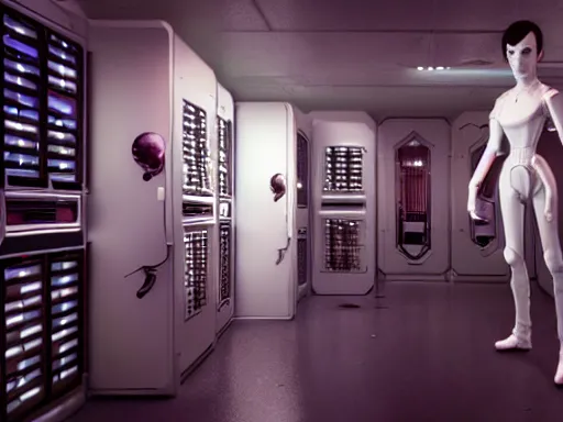 Image similar to high detailed porcelain android with details and decals in sci - fi server room. cinematic, intricate, elegant, by greg rutkowski, conrad roset, takato yomamoto, james jean, rule of thirds, seductive look. octane render from odyssey 2 0 0 1 by stanley kubrick and mendosa