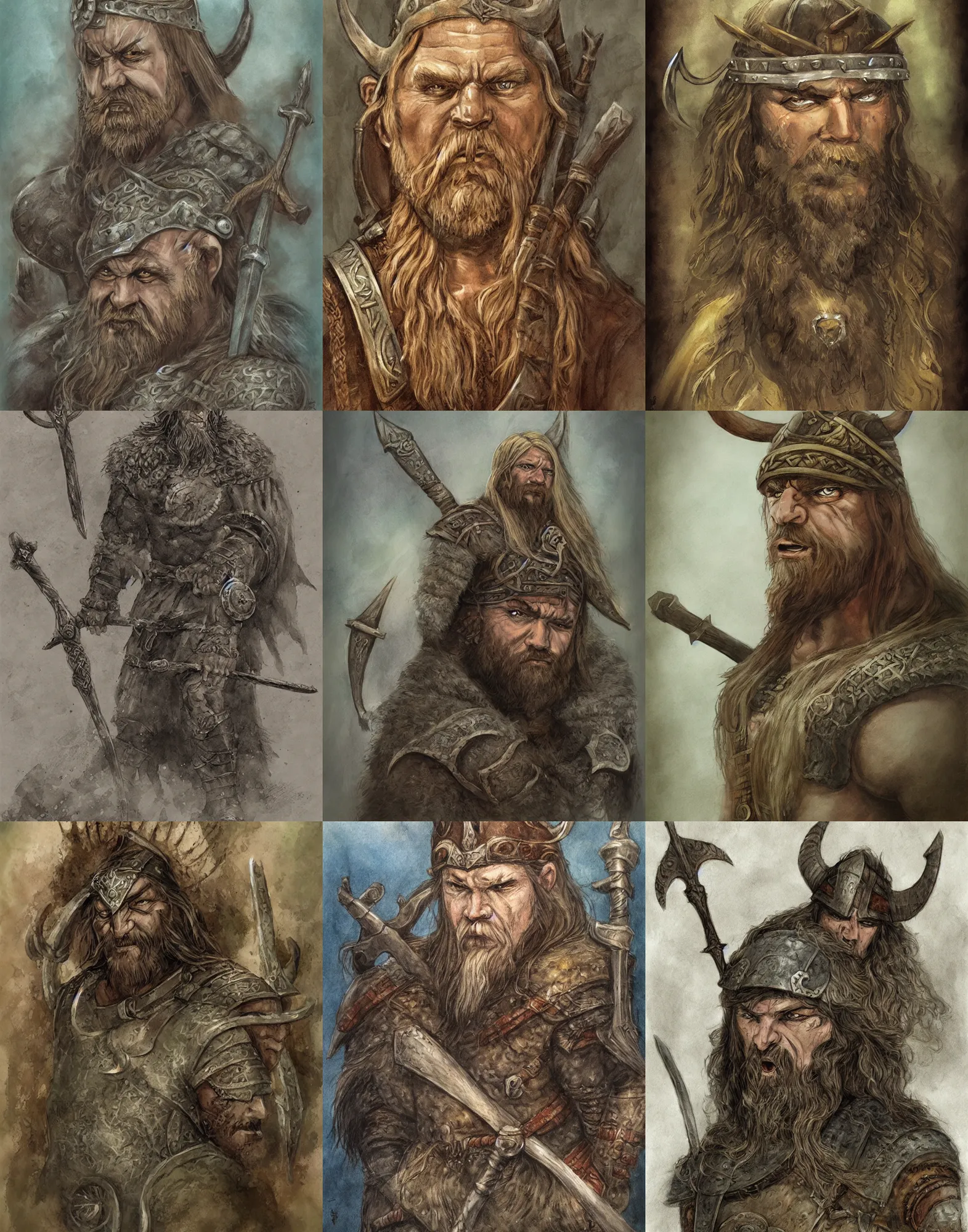 Prompt: strong Viking warrior, character portrait, in the style of Tony Diterlizzi and Brian Froud, painterly