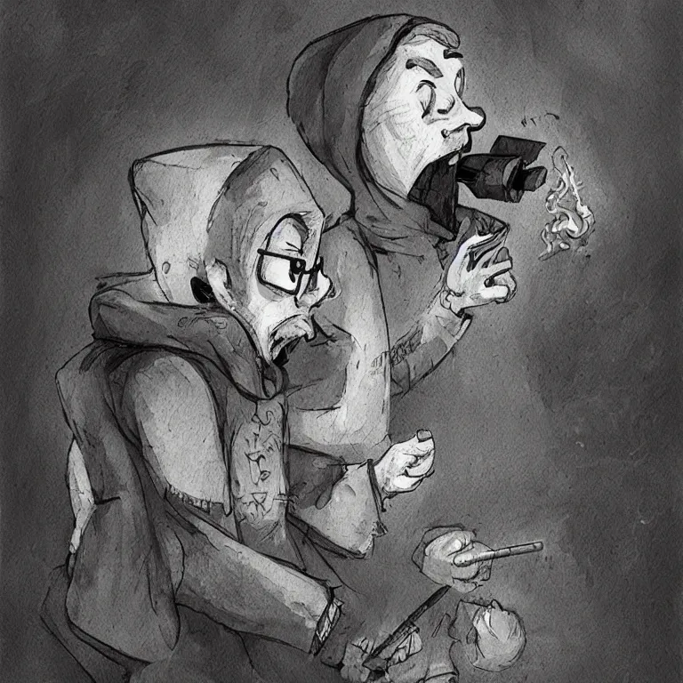 Image similar to gangster in a hoodie smoking a join, in the style of tony sandoval