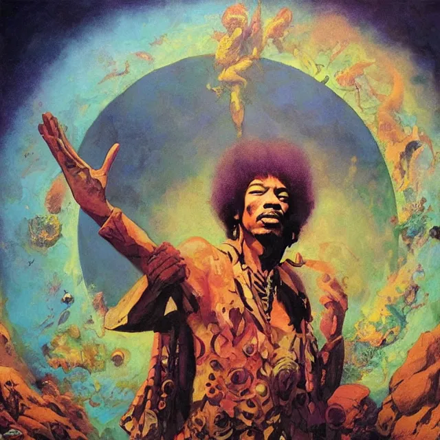 Image similar to jimi hendrix standing in a circle at the beginning of the world by greg rutkowski and frank frazetta and peter mohrbacher and william blake and dan mumford