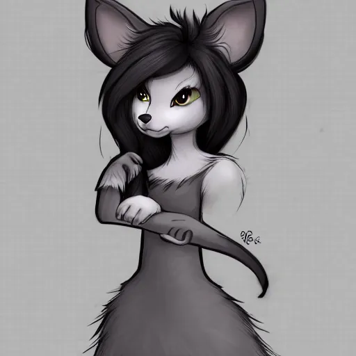 Image similar to headshot of young female furry, D&D, cute, fantasy, intricate, long hair, dark grey skin, mouse face, mouse nose, dark skin, mouse head, mouse ears, black hair, elegant, highly detailed, cartoony, artstation, concept art, smooth, sharp focus, illustration, art by Diives