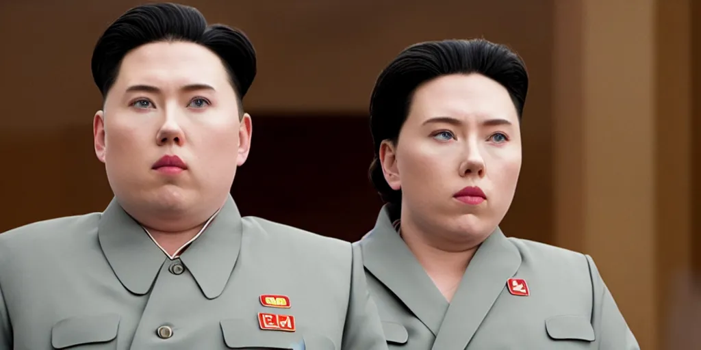 Image similar to Scarlett Johansson as Kim Jong-un in 'Kim' (2022), movie still frame, oscar nominated cinematography, volumetric lighting, 8k resolution, beautiful composition