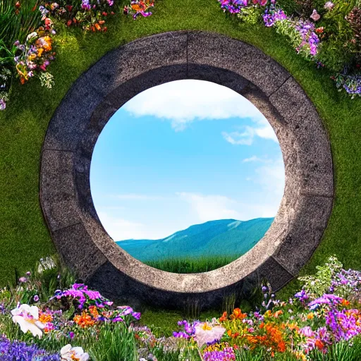 Image similar to 4k HDR circular stone portal | opens to space surrounded by realistic flowers