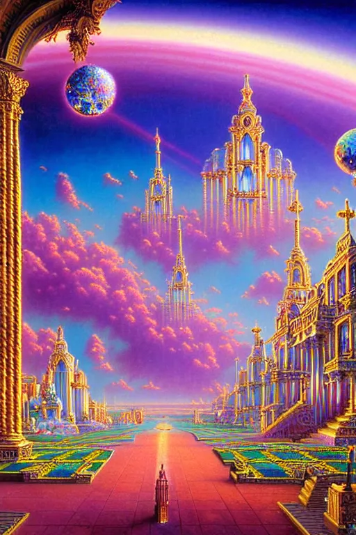 Prompt: a photorealistic detailed cinematic image of a beautiful vibrant iridescent future for human evolution, spiritual science, divinity, utopian, cumulus clouds, ornate architecture, isometric palace, ornate intricate embellished kingdom. visionary art fantasy jewels and diamonds, by david a. hardy, kinkade, lisa frank, wpa, public works mural, socialist