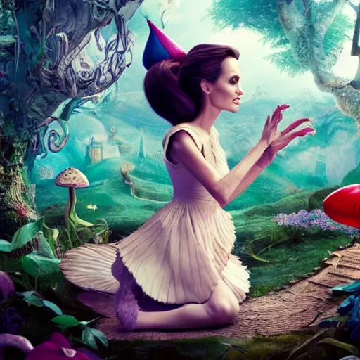 Prompt: Angelina Jolie as Alice in Wonderland talking to the Cheshire Cat that is sitting on a beautiful mushroom, hyperrealistic, highly detailed, depth of field, High definition, 8k, octane render, artstation