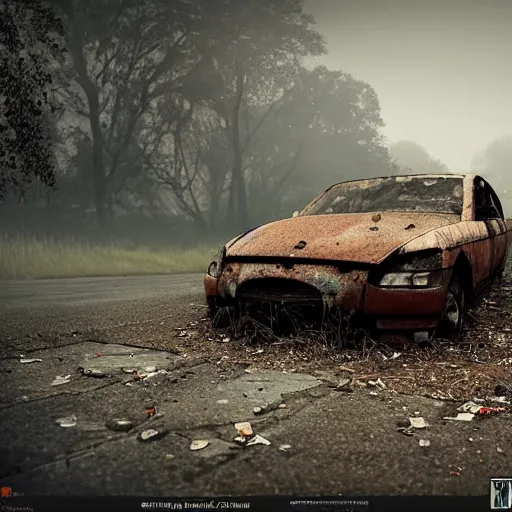 Prompt: apocalyptic, ruined town, abandoned streets, littered, decrepit homes and sheds on the side of the road, slowly being reclaimed by nature. rusted tesla car. fog, dew, rain, volumetric lighting, beautiful, summer morning dew, sharp focus, ultra detailed, cgsociety - w 1 0 2 4 - n 8 - i