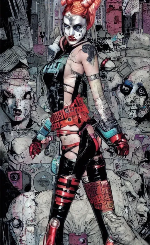 Image similar to a dream portrait of cyberpunk Harley Quinn in post apocalyptic Gotham art by Paul Dini, Travis Charest, Simon Bisley