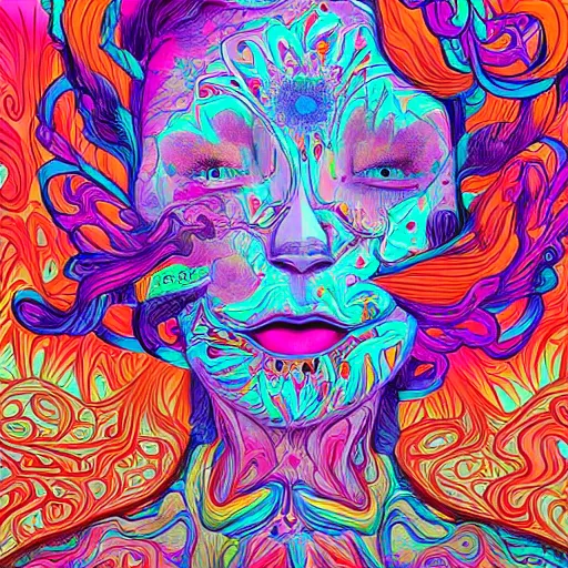 Prompt: psychedelic flower artwork by james jean, trending on artstation