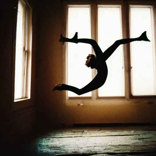 Image similar to a woman floating suspended above the floor in the room of an old house, 3 5 mm, sunlight