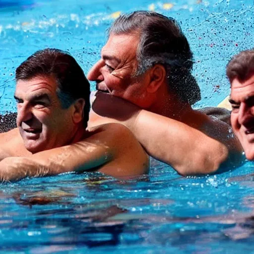 Prompt: florentino perez, laporta and tebas swimming in a pool full of money