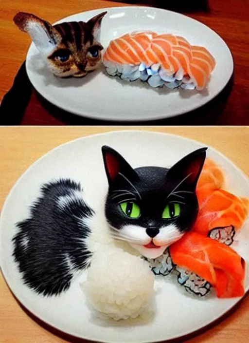 Image similar to clear photorealistic picture of adorable cats made out of sushi